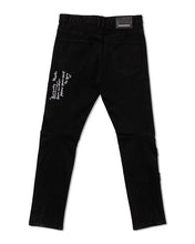 Load image into Gallery viewer, MULTI PATCH  SLIM FIT BLACK DENIM PANTS
