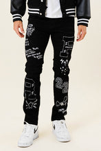 Load image into Gallery viewer, MULTI PATCH  SLIM FIT BLACK DENIM PANTS
