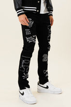 Load image into Gallery viewer, MULTI PATCH  SLIM FIT BLACK DENIM PANTS
